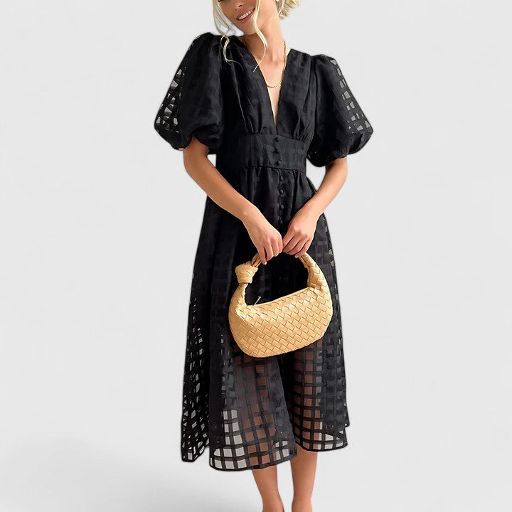 Deep V-Neck Puff Sleeve Textured Check Button Front Midi Dress
