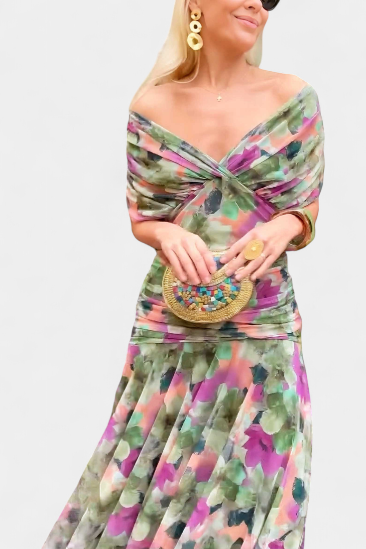 Watercolor Floral Off Shoulder Ruched Maxi Dress 10