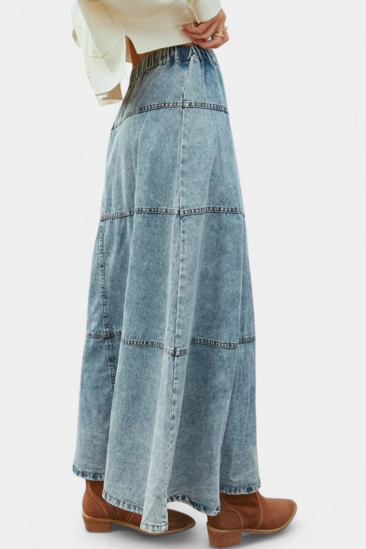 High Waist Button Front Tiered Denim Maxi Skirt 2