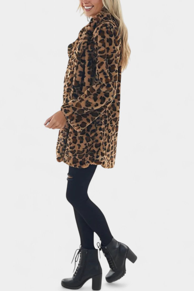 Leopard Print Faux Fur Lapel Collar Longline Coat 3