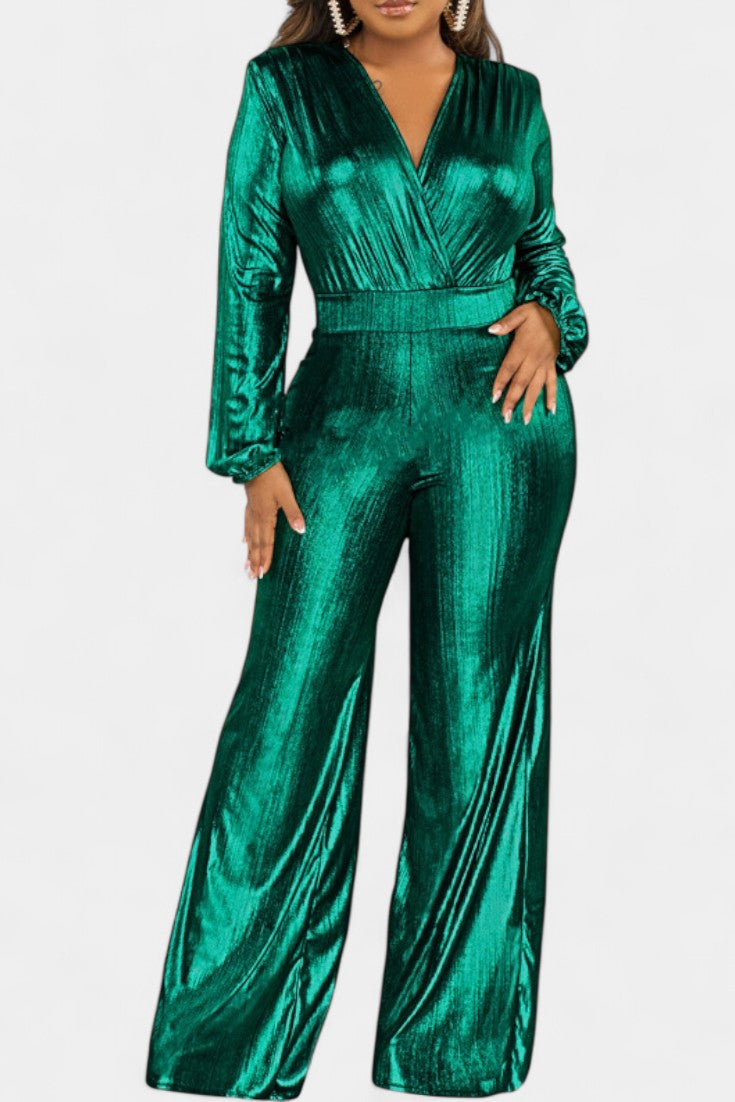 Metallic Wrap V-Neck Long Sleeve Wide Leg Jumpsuit 5