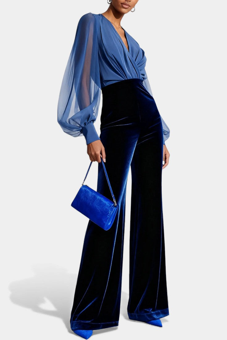 Deep V-Neck Sheer Sleeve Velvet Wide Leg Jumpsuit 3
