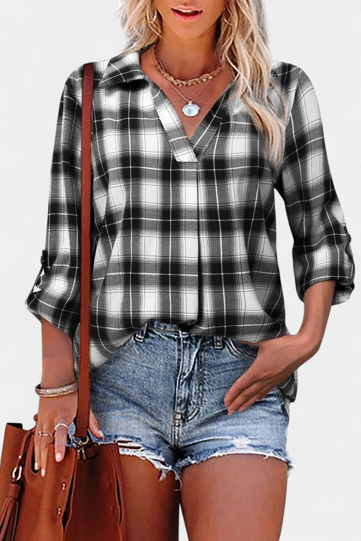 Plaid V-Neck Notch Collar Roll Tab Sleeve Blouse 3