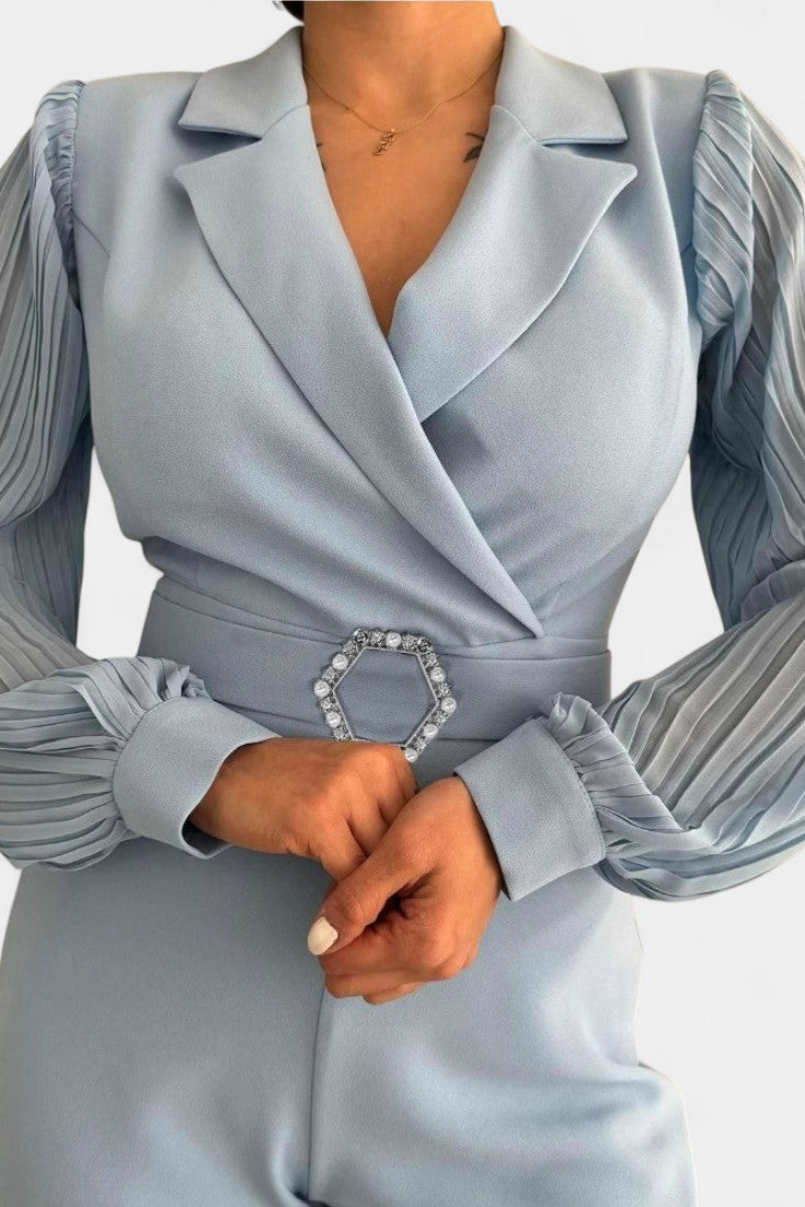 Notch Lapel Pleated Sleeve Belted Wide Leg Jumpsuit 3