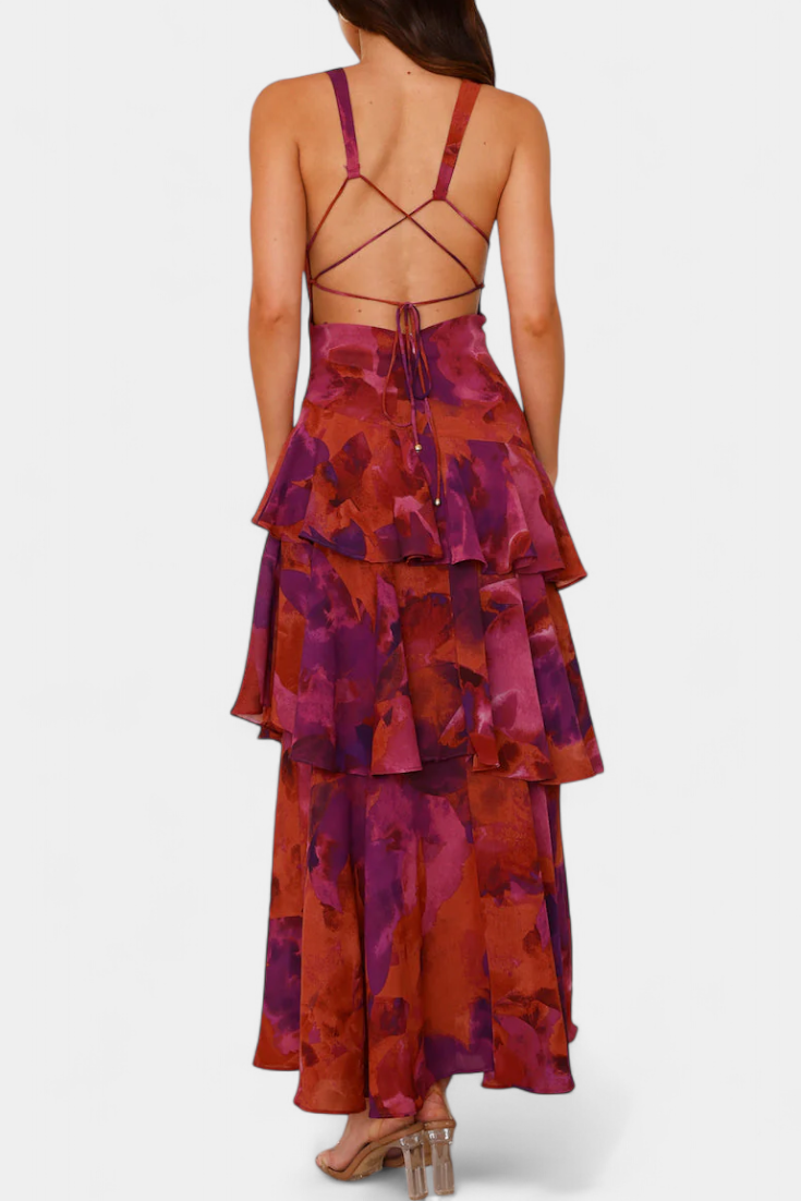 Floral Deep V-Neck Sleeveless Tiered Ruffle Maxi Dress 8