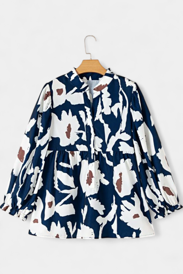 Abstract Floral Notch Neck Puff Sleeve Peplum Blouse 8