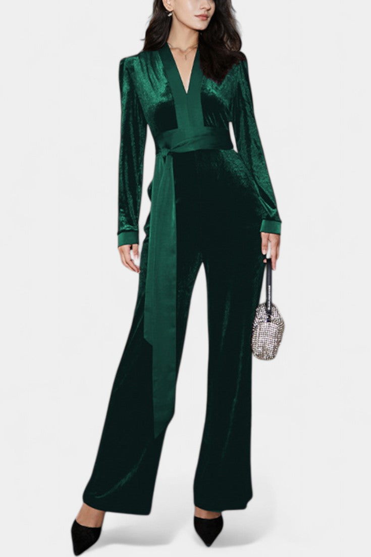 Velvet Wrap V-Neck Belted Wide Leg Jumpsuit