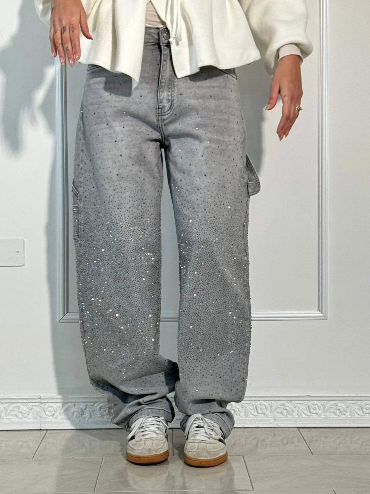 High Waist Rhinestone Embellished Wide Leg Jeans 13
