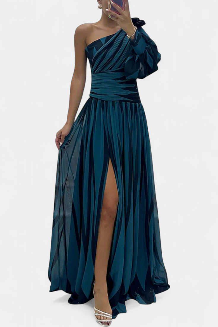 Abstract Print One Shoulder High Split Maxi Gown 6