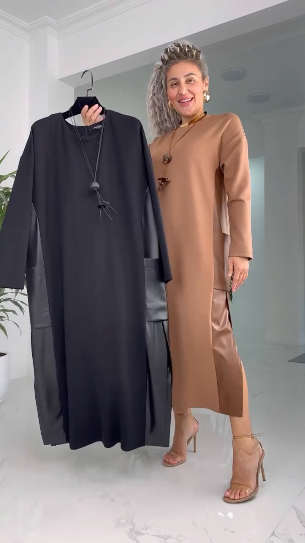 Round Neck Long Sleeve Side Split Midi Shift Dress 4