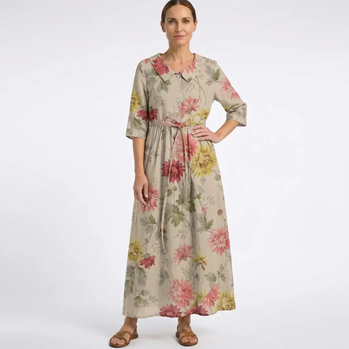 Floral Print Half Sleeve Button Front Belted Maxi Dress
