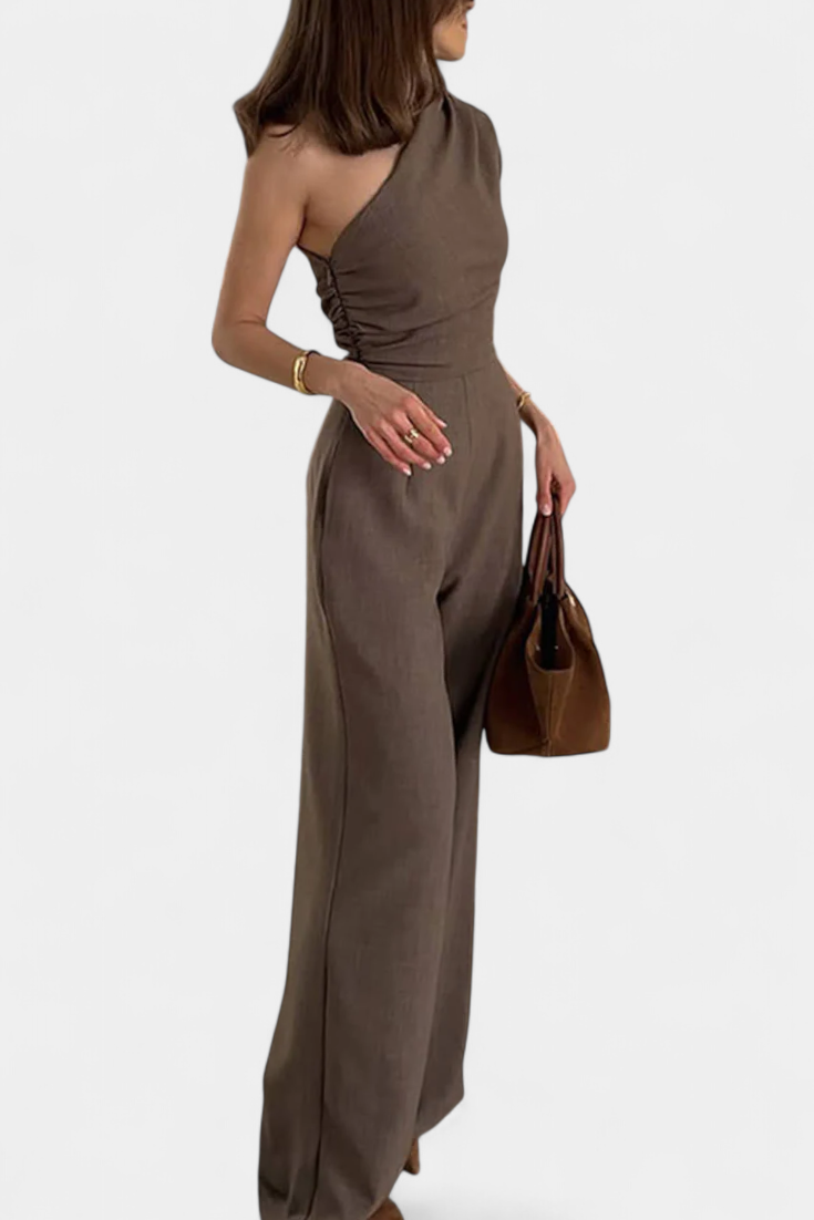 One Shoulder Ruched Wide Leg Jumpsuit