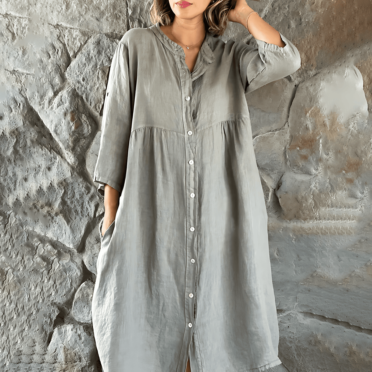 Button Down Roll Tab Sleeve Empire Waist Linen Look Summer Midi Dress - View 4
