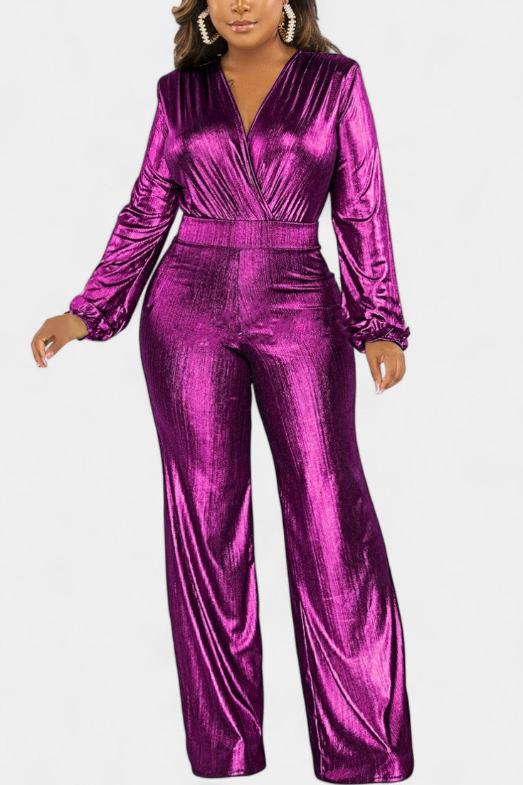 Metallic Wrap V-Neck Long Sleeve Wide Leg Jumpsuit 2