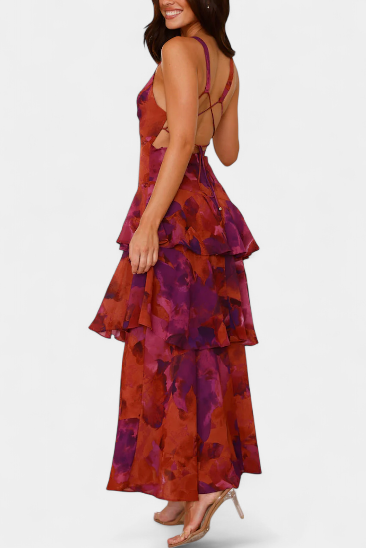 Floral Deep V-Neck Sleeveless Tiered Ruffle Maxi Dress 4