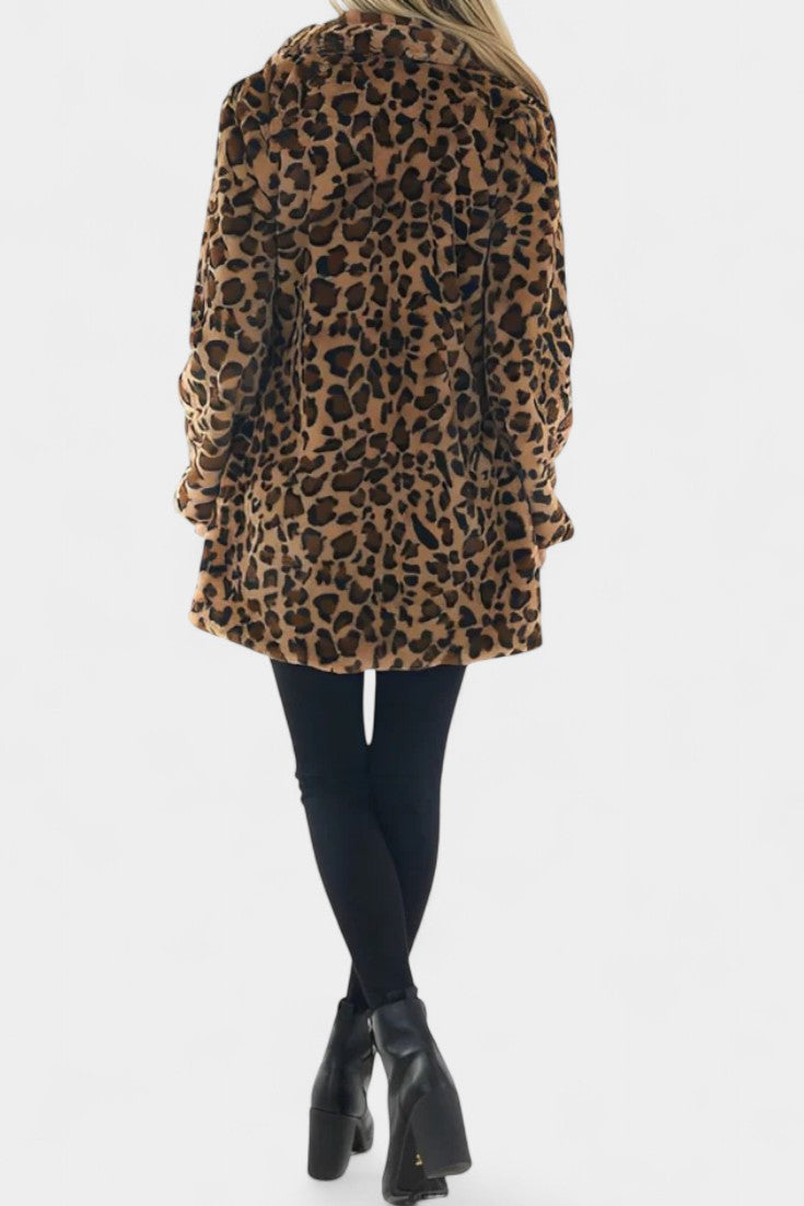 Leopard Print Faux Fur Lapel Collar Longline Coat 4