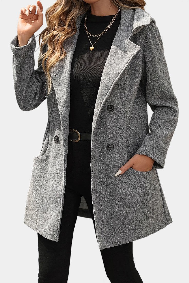 Hooded Double Breasted Longline Wool Look Coat 2
