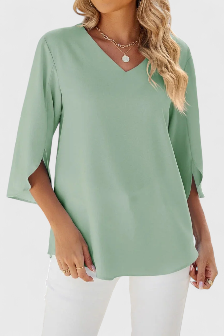 V-Neck Split Sleeve Flowy Chiffon Blouse 2