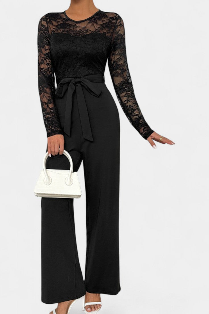 Lace Bodice Long Sleeve Belted Wide Leg Jumpsuit 4