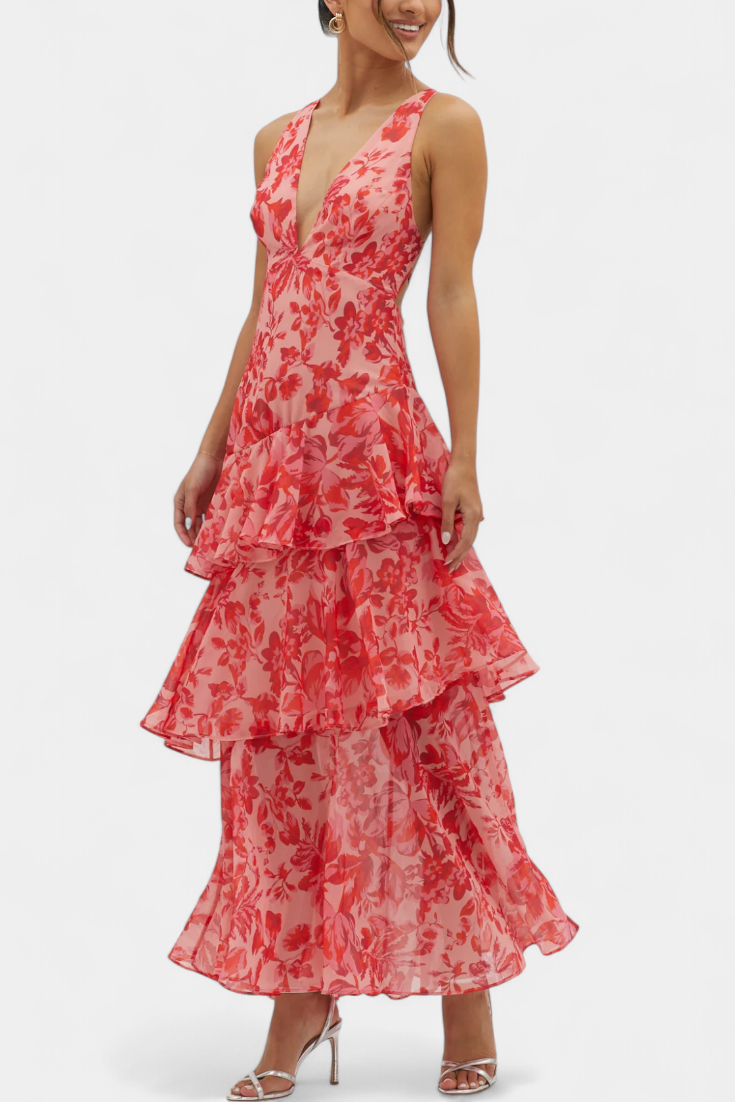 Floral Deep V-Neck Sleeveless Tiered Ruffle Maxi Dress 6