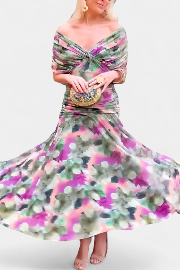 Watercolor Floral Off Shoulder Ruched Maxi Dress 5