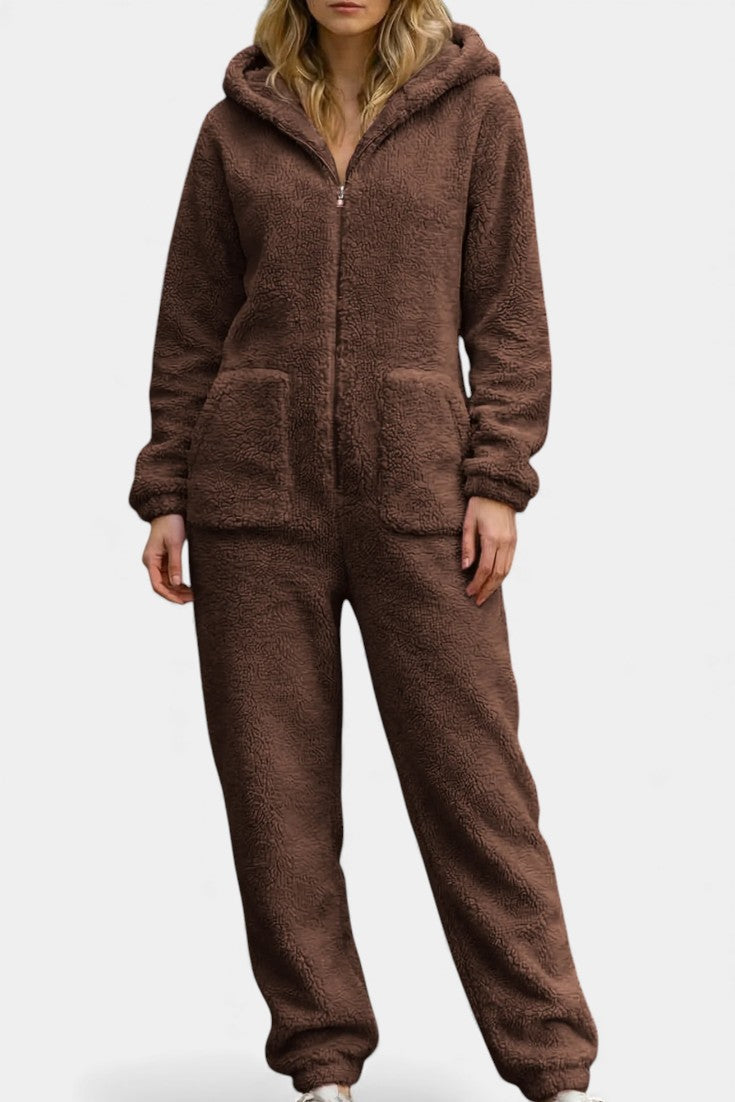 Hooded Zip Front Fleece Lounge Jumpsuit 5