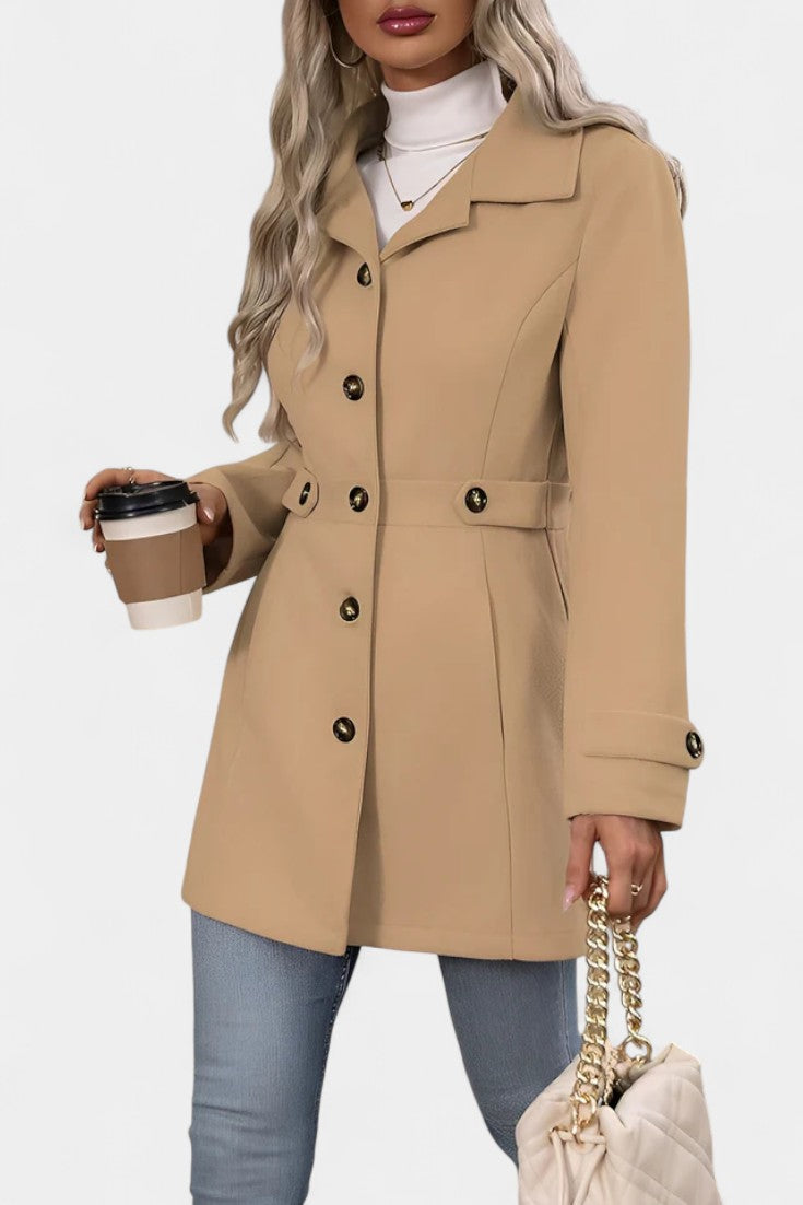 Notch Lapel Button Front Belted Tab Waist Midi Coat 11