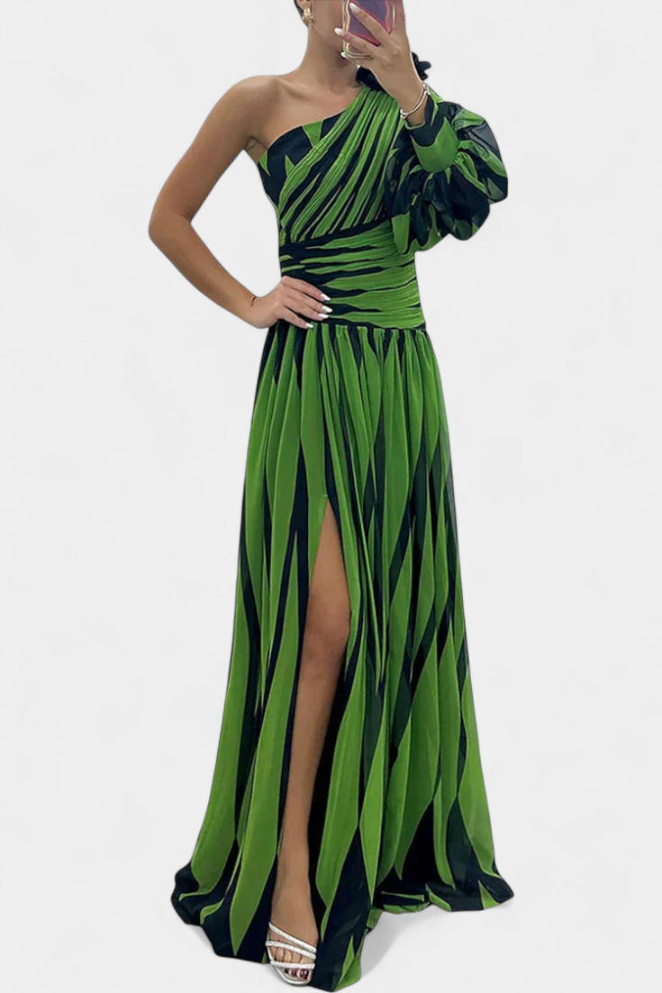 Abstract Print One Shoulder High Split Maxi Gown 7