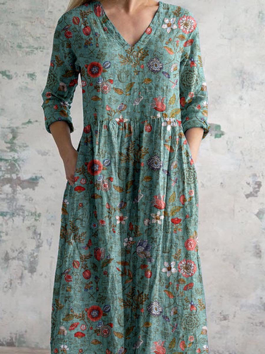 Floral Print V-Neck Long Sleeve Pocket Maxi Dress 3