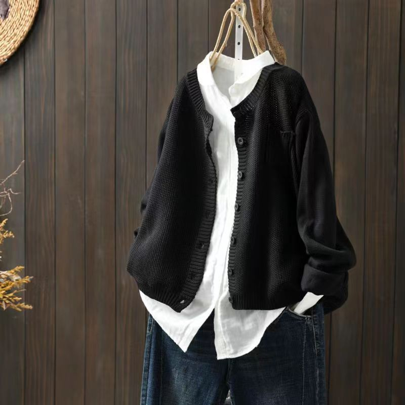 Crew Neck Button Front Textured Knit Cardigan 8