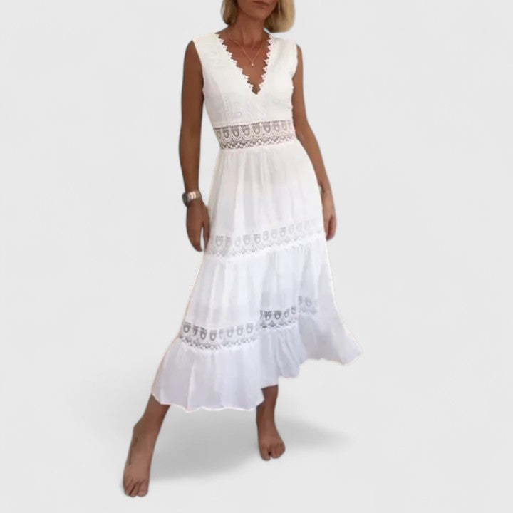 Lace Trim V-Neck Sleeveless Tiered Maxi Dress