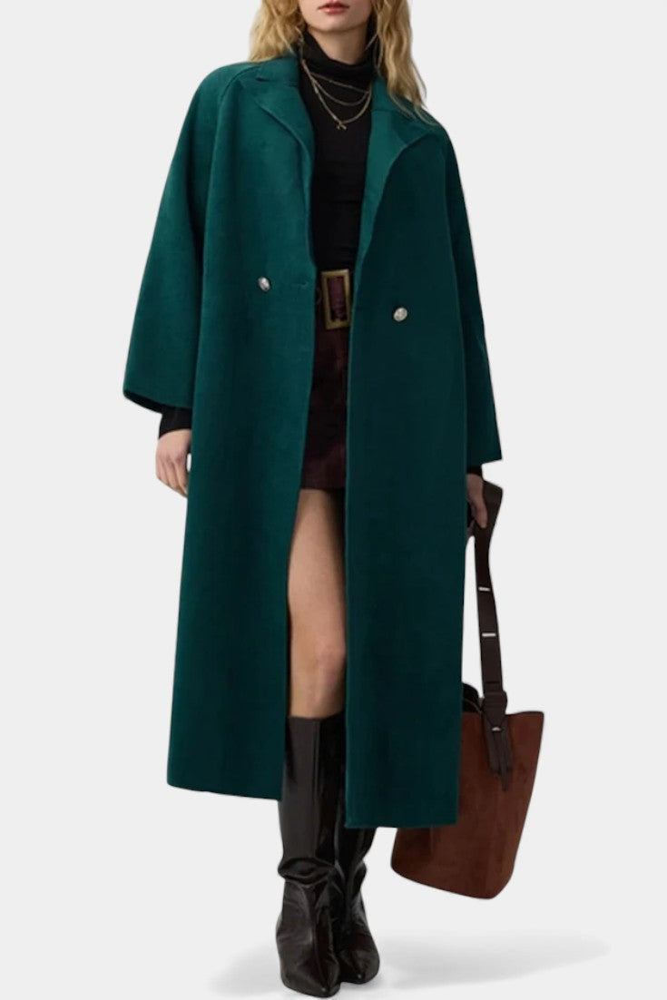 Notched Lapel Open Front Longline Wool Coat