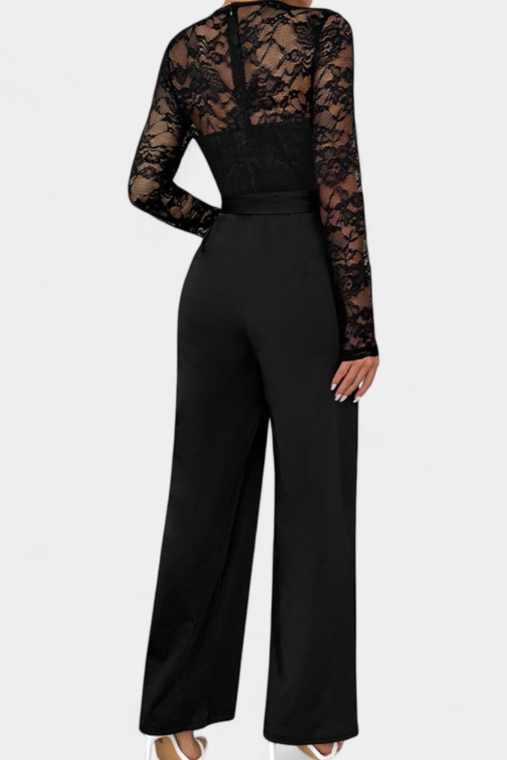 Lace Bodice Long Sleeve Belted Wide Leg Jumpsuit 5