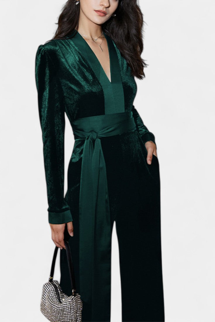 Velvet Wrap V-Neck Belted Wide Leg Jumpsuit 2