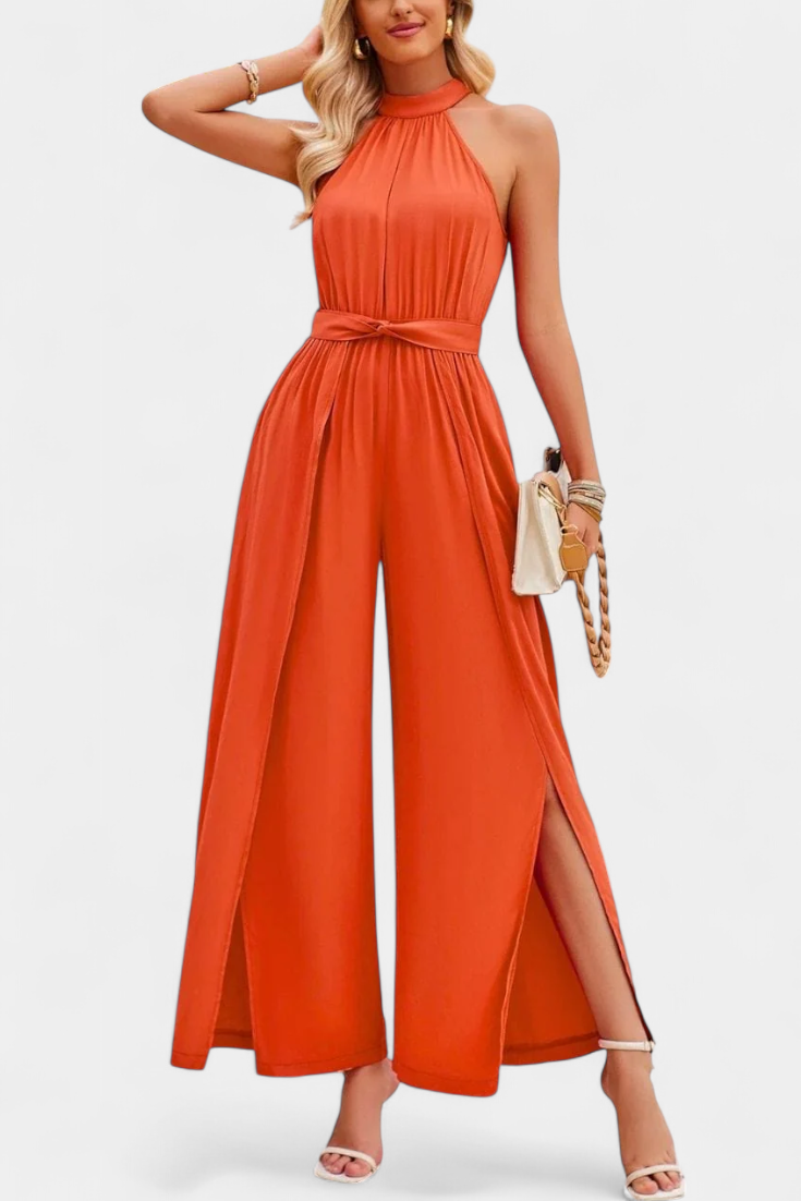 Halter Neck Belted Wide Leg High Split Jumpsuit 9
