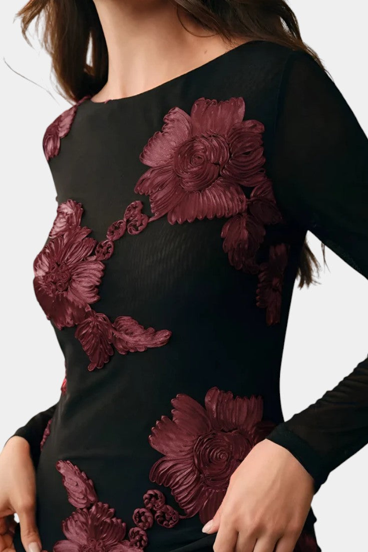 Floral Applique Boat Neck Long Sleeve Mesh Top 3