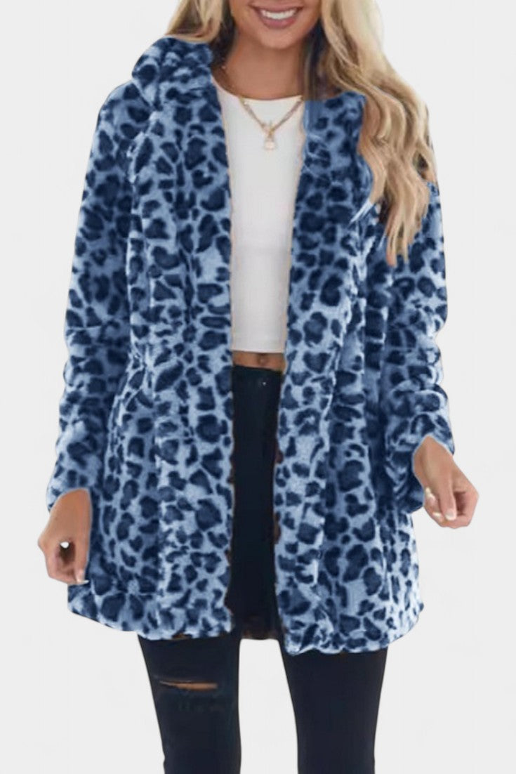 Leopard Print Faux Fur Lapel Collar Longline Coat 5