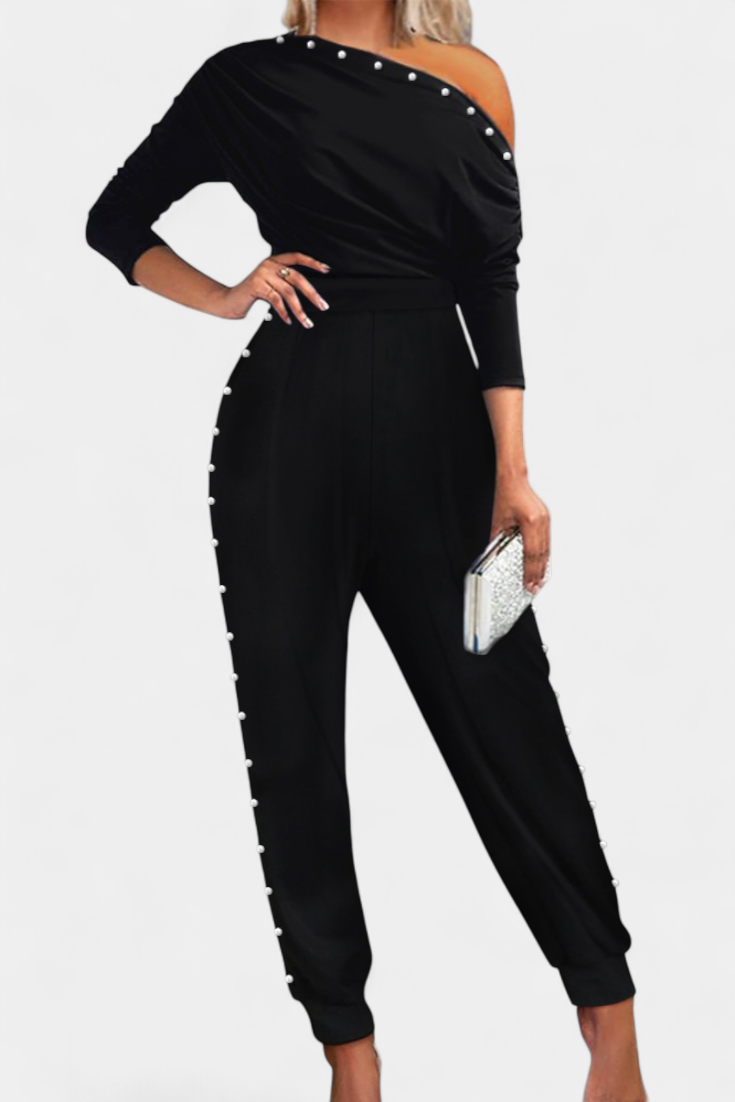 One Shoulder Pearl Bead Trim Tapered Leg Jumpsuit