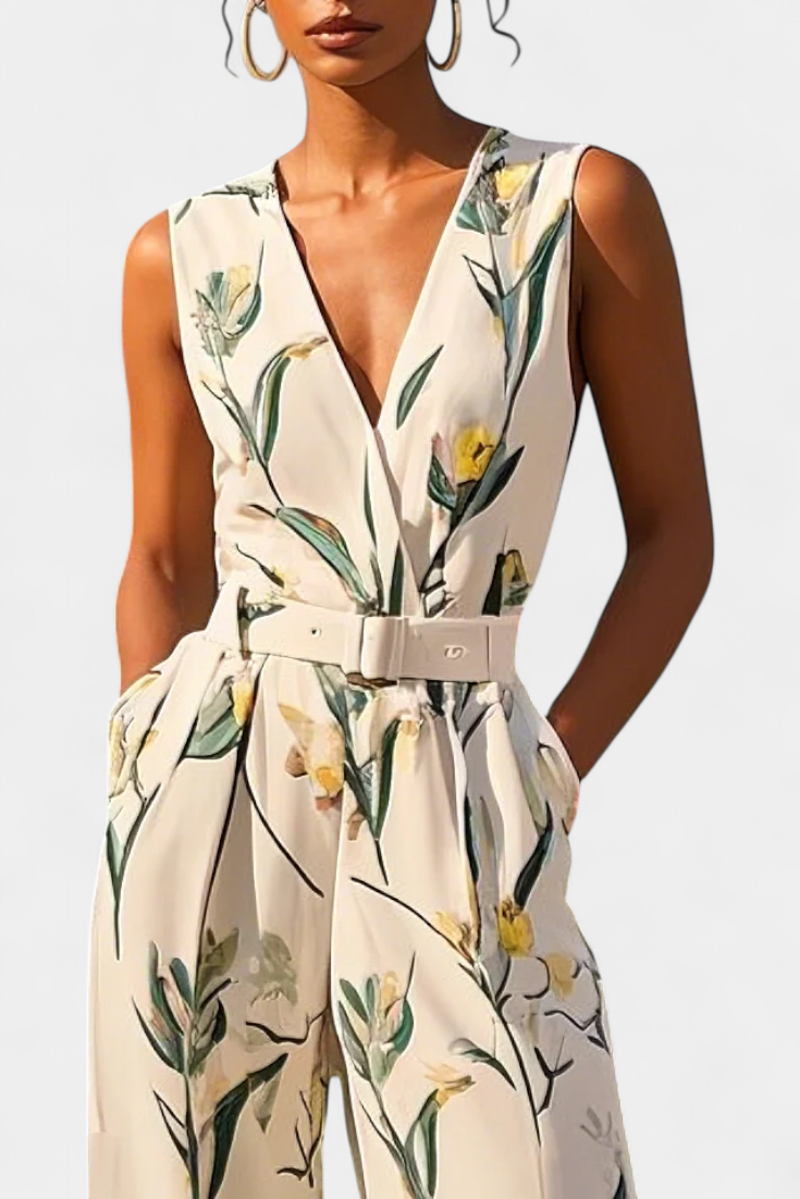 Floral Print V-Neck Sleeveless Belted Wide Leg Jumpsuit 2