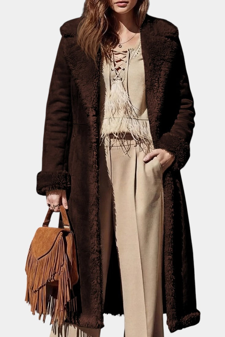 Faux Shearling Lapel Collar Longline Coat