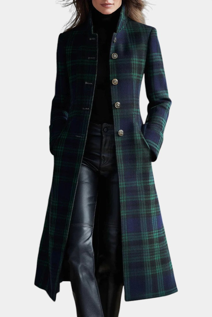Plaid Stand Collar Single Breasted Longline Coat