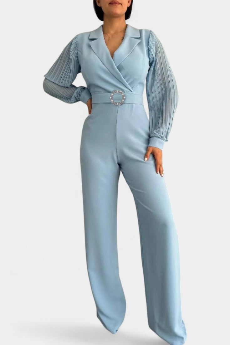 Notch Lapel Pleated Sleeve Belted Wide Leg Jumpsuit