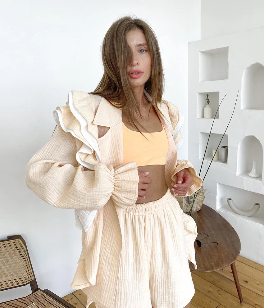 Ruffle Trim Lapel Collar Shirt and Shorts Two Piece Set 3