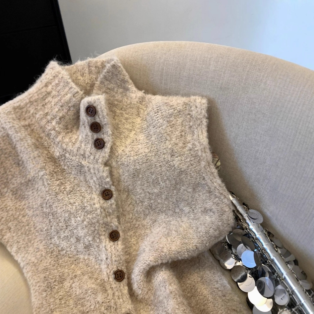 Mock Neck Button Front Sleeveless Knit Cardigan Vest 2