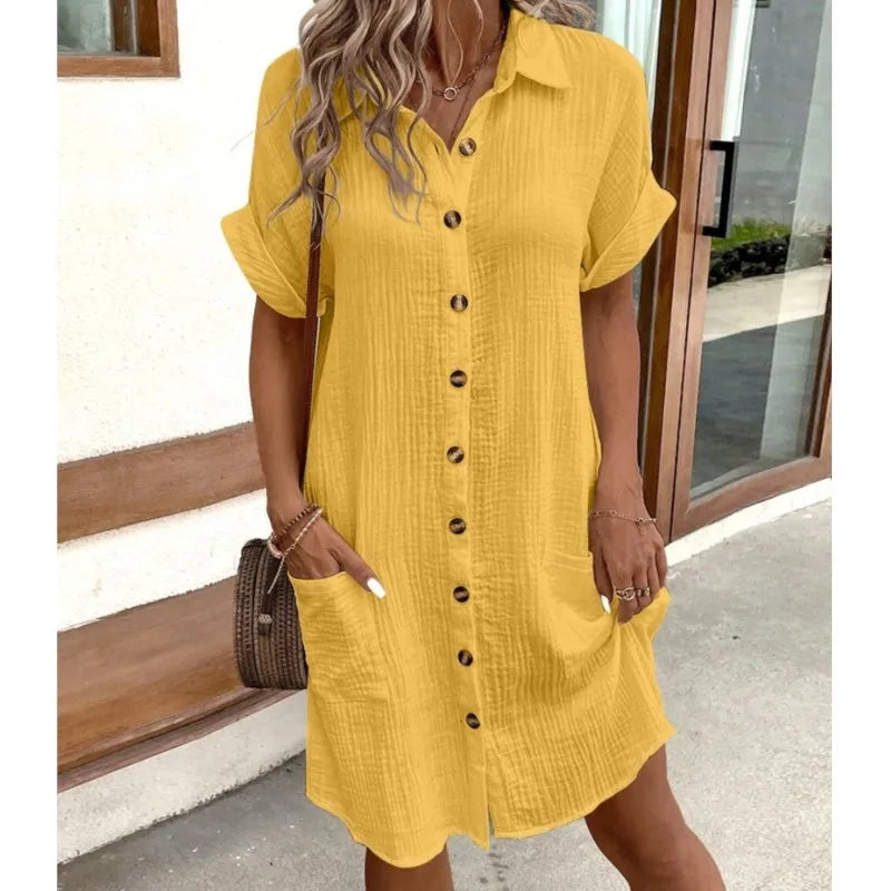 Textured Button Down Short Sleeve Patch Pocket Shirt Dress - View 6