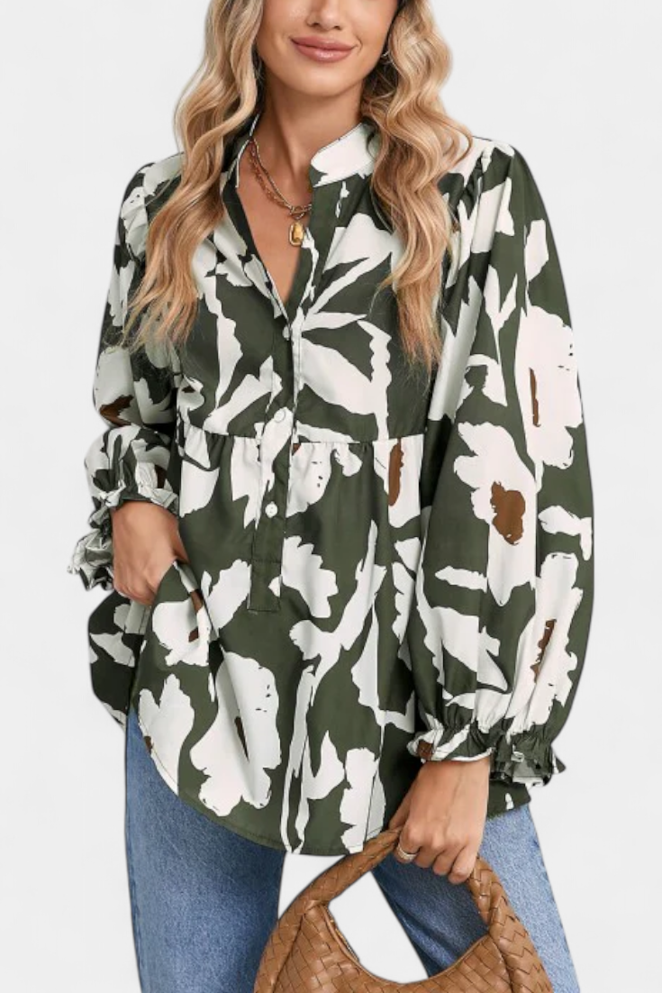 Abstract Floral Notch Neck Puff Sleeve Peplum Blouse 4