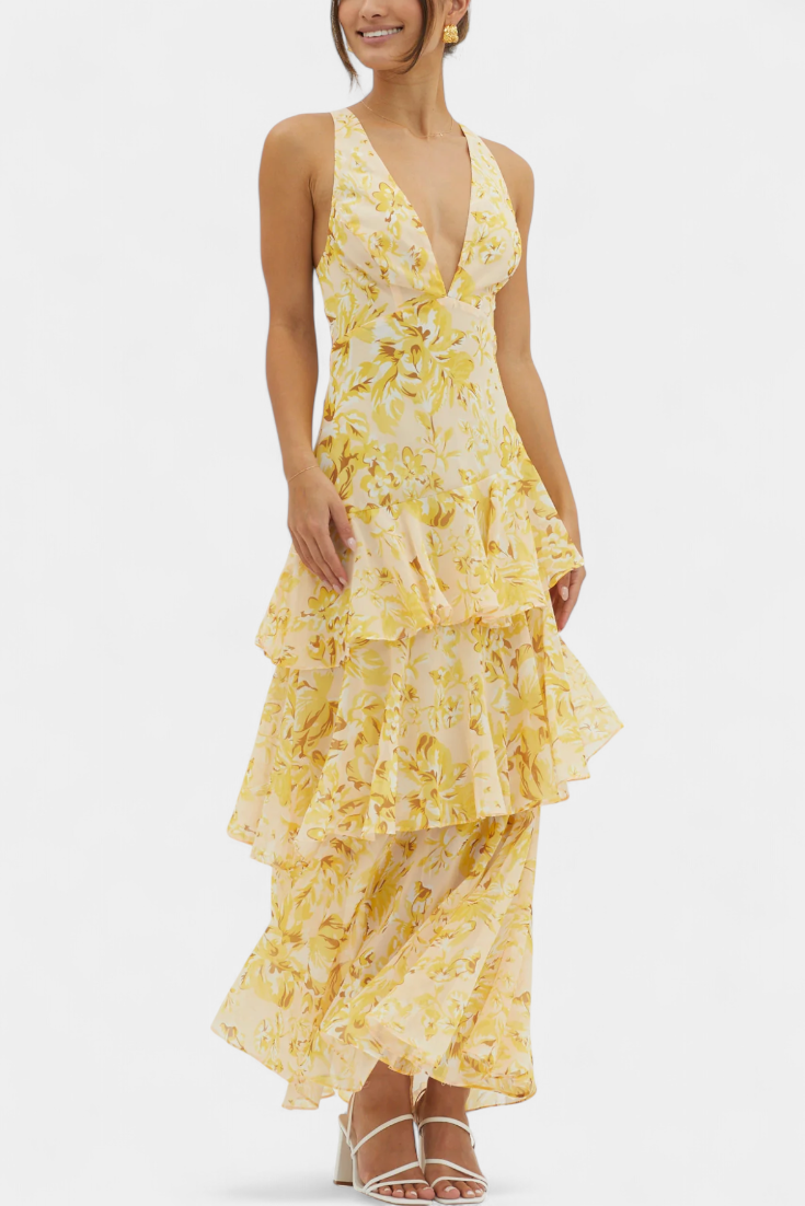 Floral Deep V-Neck Sleeveless Tiered Ruffle Maxi Dress 7