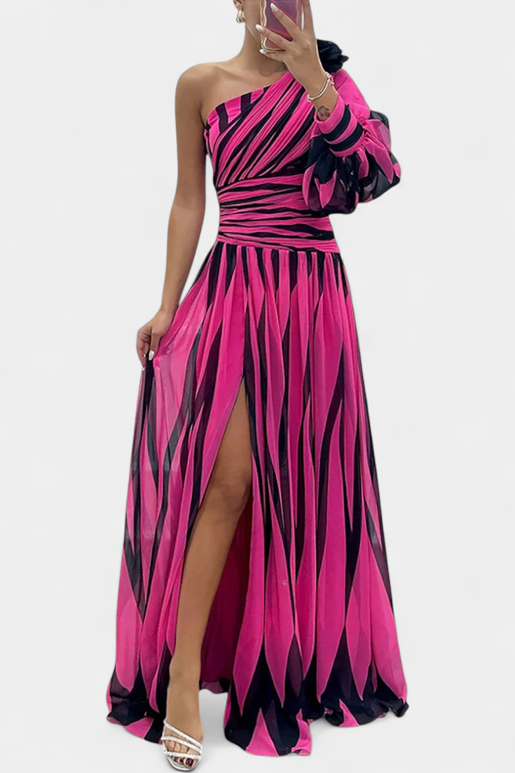 Abstract Print One Shoulder High Split Maxi Gown 9