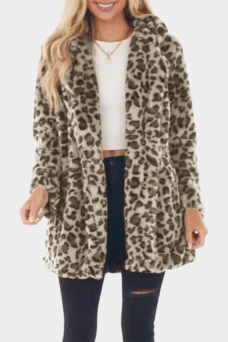 Leopard Print Faux Fur Lapel Collar Longline Coat 6