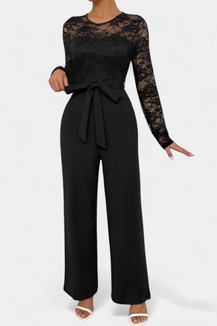 Lace Bodice Long Sleeve Belted Wide Leg Jumpsuit 3